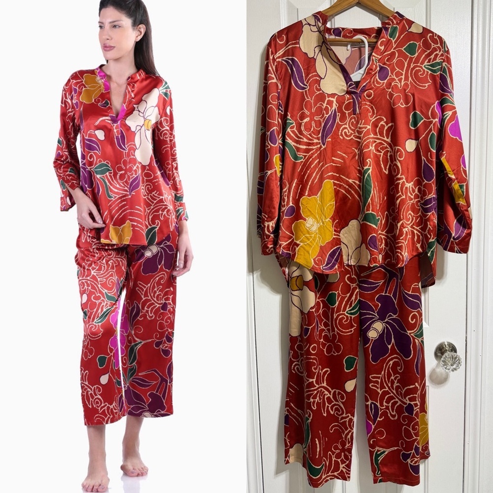 Natori satin pajama pant set rust floral cropped flowy top size large